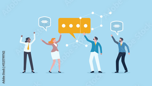 Celebrating Team Success Diverse professionals rejoice with big ideas and connection on a light blue