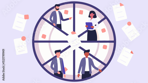 Teamwork driving success in a cyclical work environment showing project phases and collaboration with simple