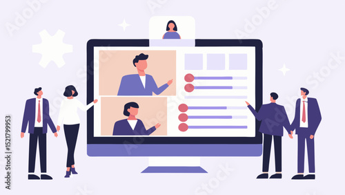 Collaborative Team Meeting Through Online Video Conferencing with Data Charts and Modern Flat Design in Pastel