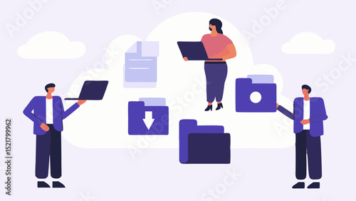 Seamless digital transformation empowering collaborative workflows in the cloud with flat vector design and