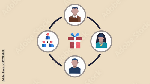 A network connecting people around a central gift symbolizing collaboration and giving on a beige neutral