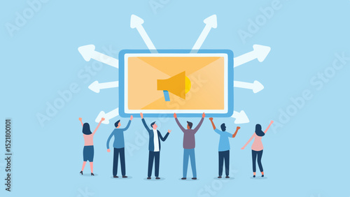 Collaborative Marketing Team rallies around a megaphone promoting widespread reach against a light blue