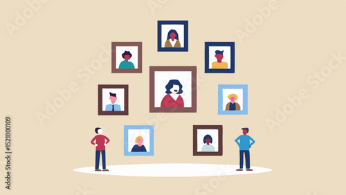 Exploring ancestral heritage through displayed portraits at a heritage family history event clean graphic art