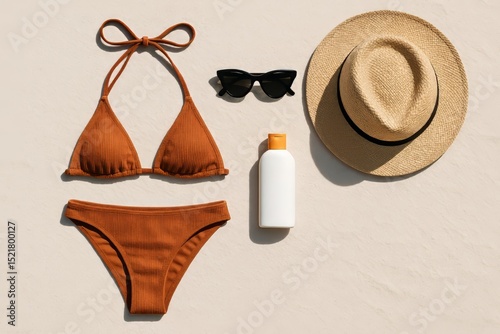 Summer collage on sand, beach bikini, sunscreen, straw hat, sunglasses.