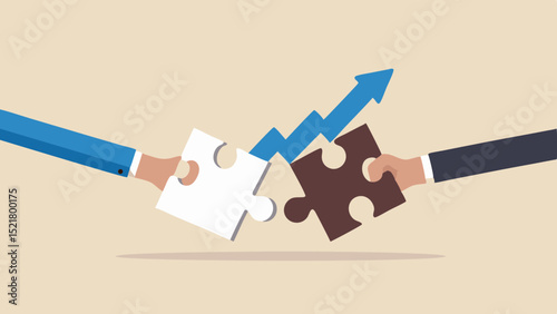 Two business partners joining puzzle pieces symbolizing growth strategy in a corporate setting with flat