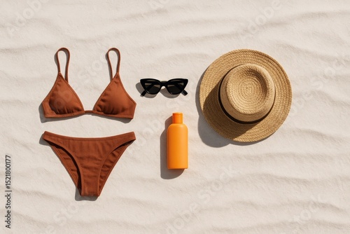 Summer collage on sand, beach bikini, sunscreen, straw hat, sunglasses.