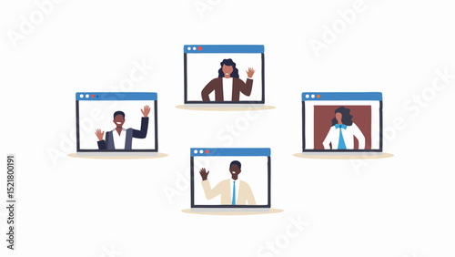 Virtual Connection Team members waving hello in a video conference call fostering remote collaboration and