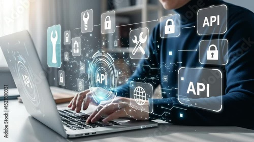 Person typing on laptop with api interface icons and digital network overlaying the screen view
