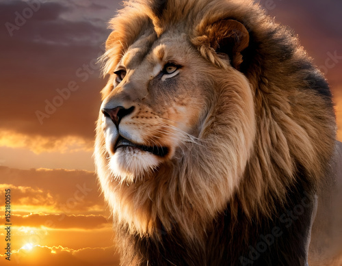 Portrait of a lion, Lion of Judah, exuding strength and power. Christian conceptual illustration, lion in the sunset