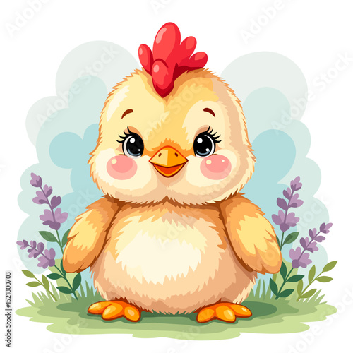 Adorable cartoon chick character in soft colors with a cheerful expression for children's room decor