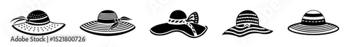Set of wide-brimmed hats icons in black design for summer fashion and sun protection