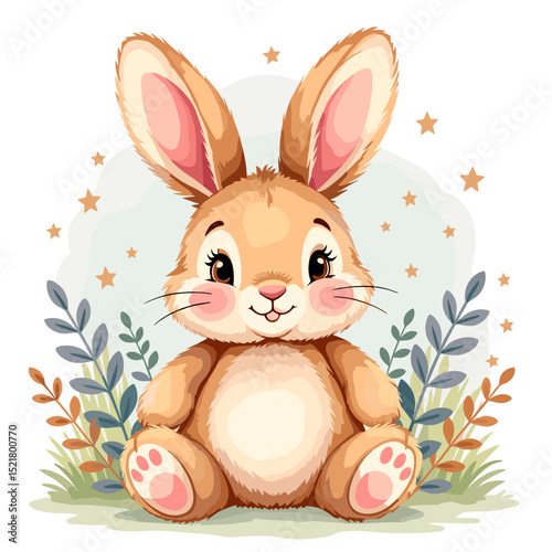 Adorable cartoon rabbit character in soft colors with a cheerful expression for children's toy decor