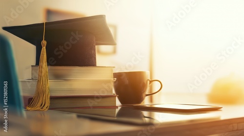 A graduation cap with a golden tassel rests on a stack of books beside a steaming coffee mug. A mobile device sits nearby, highlighting a cozy study space in warm light