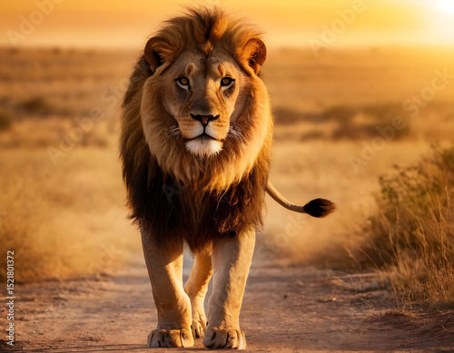 Portrait of a lion, Lion of Judah, exuding strength and power. Christian conceptual illustration, lion in the sunset