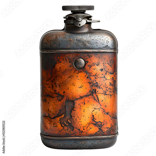 An old-fashioned metal flask with a tarnished surface, isolated on a white background, high-resolution with soft natural lighting