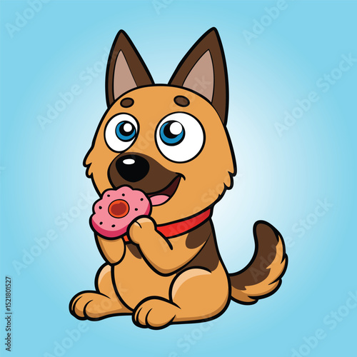 Cute Belgian Shepherd Eating Doughnut Cartoon