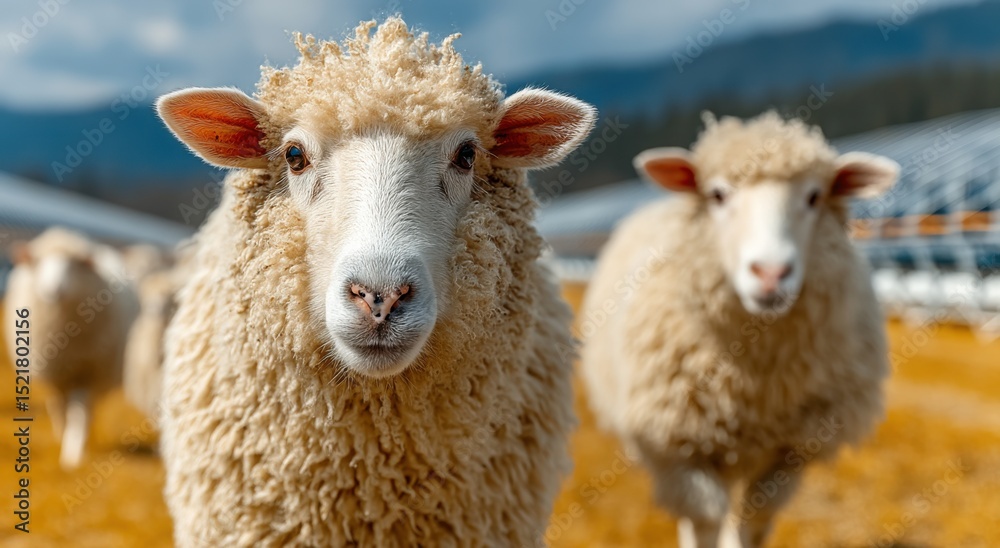 Fototapeta premium Flock of Sheep Grazing in a Field on a Sunny Day, Symbolizing Agricultural Sustainability and Rural Tourism : Generative AI