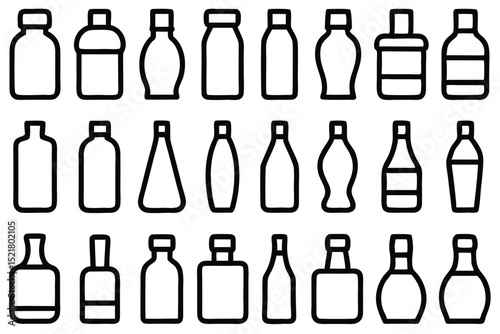 Set of 30 outline icons related to bottles. Vector illustration. Editable stroke. Linear icon collection. Collection of Hand-Drawn Beverage and Food Container Icons.