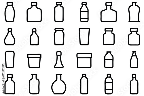 Set of 30 outline icons related to bottles. Vector illustration. Editable stroke. Linear icon collection. Collection of Hand-Drawn Beverage and Food Container Icons.
