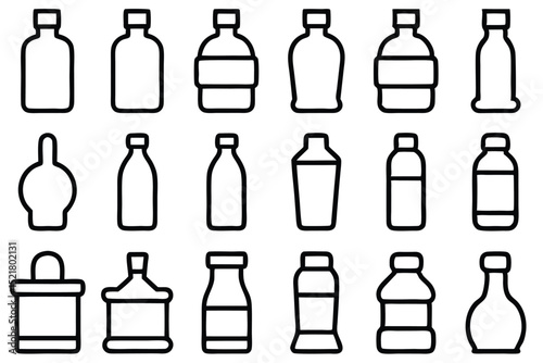 Set of 30 outline icons related to bottles. Vector illustration. Editable stroke. Linear icon collection. Collection of Hand-Drawn Beverage and Food Container Icons.