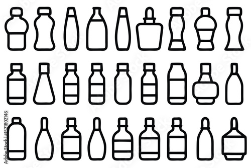 Set of 30 outline icons related to bottles. Vector illustration. Editable stroke. Linear icon collection. Collection of Hand-Drawn Beverage and Food Container Icons.