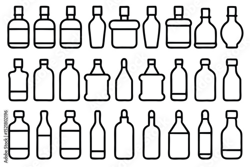 Set of 30 outline icons related to bottles. Vector illustration. Editable stroke. Linear icon collection. Collection of Hand-Drawn Beverage and Food Container Icons.