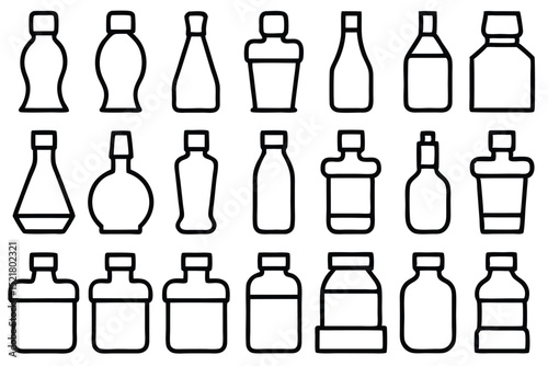 Set of 30 outline icons related to bottles. Vector illustration. Editable stroke. Linear icon collection. Collection of Hand-Drawn Beverage and Food Container Icons.