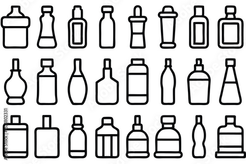 Set of 30 outline icons related to bottles. Vector illustration. Editable stroke. Linear icon collection. Collection of Hand-Drawn Beverage and Food Container Icons.