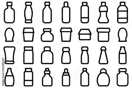 Set of 30 outline icons related to bottles. Vector illustration. Editable stroke. Linear icon collection. Collection of Hand-Drawn Beverage and Food Container Icons.