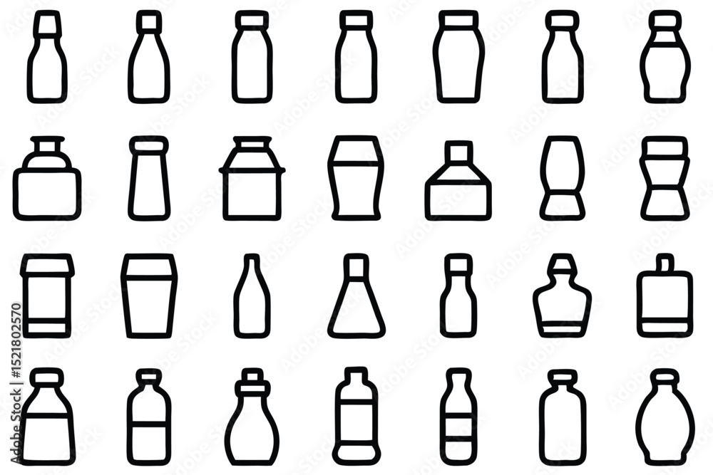 Fototapeta premium Set of 30 outline icons related to bottles. Vector illustration. Editable stroke. Linear icon collection. Collection of Hand-Drawn Beverage and Food Container Icons.