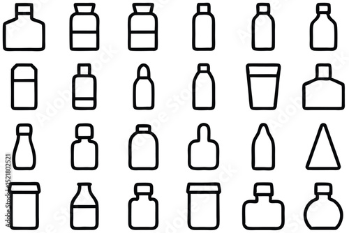 Set of 30 outline icons related to bottles. Vector illustration. Editable stroke. Linear icon collection. Collection of Hand-Drawn Beverage and Food Container Icons.