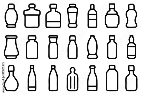 Set of 30 outline icons related to bottles. Vector illustration. Editable stroke. Linear icon collection. Collection of Hand-Drawn Beverage and Food Container Icons.