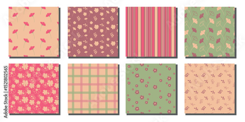 Soft Pastel Seamless Patterns with Flowers, Leaves, and Plaid.  Collection of seamless patterns featuring retro floral prints, leaf motifs, plaid grids, and striped backgrounds in soft pastel tones