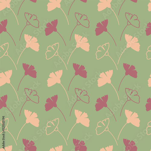 Colorful floral pattern with pink and cream flowers on a soft green background
