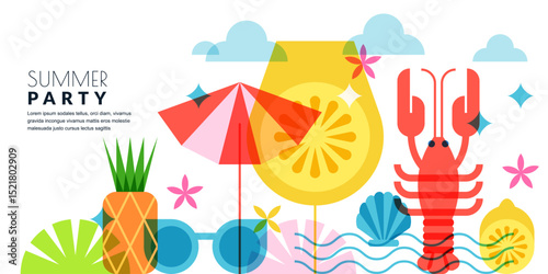 Summer holiday, travel, vacation geometric background with lobster, umbrella, cocktail, lemon. Vector flat illustration