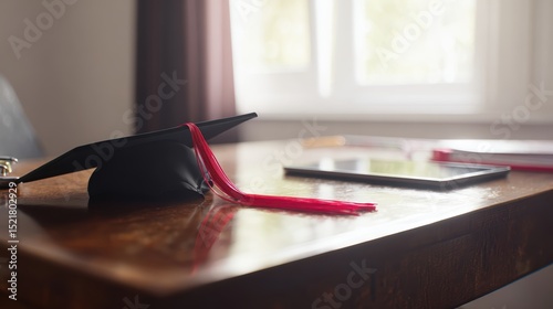 A graduation cap with a red tassel lies on a wooden table. Natural light pours in through a nearby window. A tablet and some stationery are present, suggesting preparation for graduation