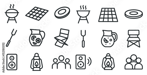 Summer barbecue essentials and outdoor family gathering icons