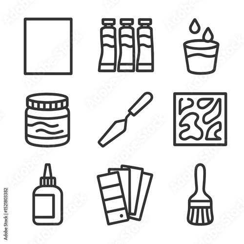 Abstract Art Tools. Outline icon set of abstract art workspace: stretched canvas, mixed media tubes, drip cup, texture paste jar,