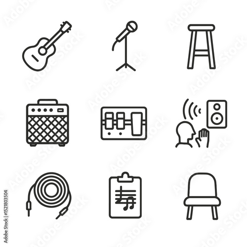Acoustic Set Icons. Outline icon set of live acoustic sets: acoustic guitar, mic on boom stand, stool, amp combo, pedalboard,