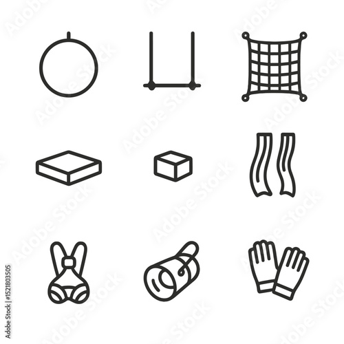 Acrobat Equipment Icons. Outline icon set of acrobat equipment: aerial hoop, trapeze bar, safety net, crash mat, balancing block,