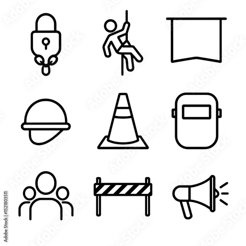 Activist Icons Outline. Outline icon set of rooftop direct actions: lock-on chain, climbing rope, banner drop, safety helmet,
