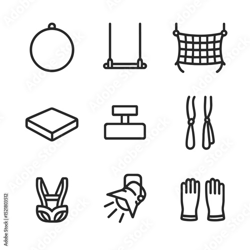 Acrobat Equipment Icons. Outline icon set of acrobat equipment: aerial hoop, trapeze bar, safety net, crash mat, balancing block,
