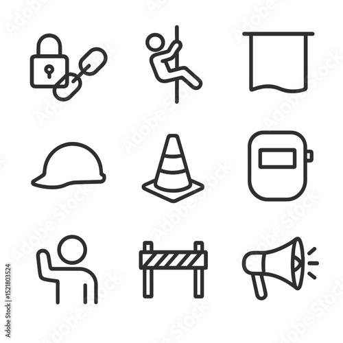 Activist Icons Outline. Outline icon set of rooftop direct actions: lock-on chain, climbing rope, banner drop, safety helmet,