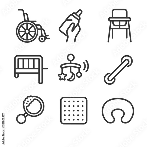 Adaptive Baby Gear Icons. Outline icon set of adaptive baby gear: wheelchair stroller, one-handed feeding bottle, adaptive