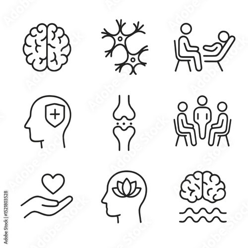 Addiction Recovery Icons. Outline icon set of the brain's role in addiction recovery: brain, neurons, therapy, recovery, synapses,