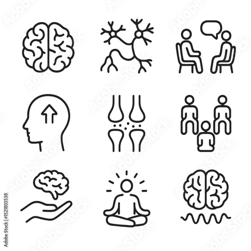 Addiction Recovery Icons. Outline icon set of the brain's role in addiction recovery: brain, neurons, therapy, recovery, synapses,