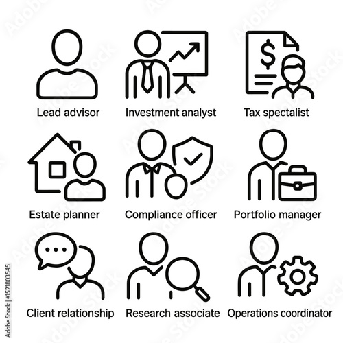 Advisory Team Icon Set. Outline icon set of advisory team roles: lead advisor silhouette, investment analyst, tax specialist,