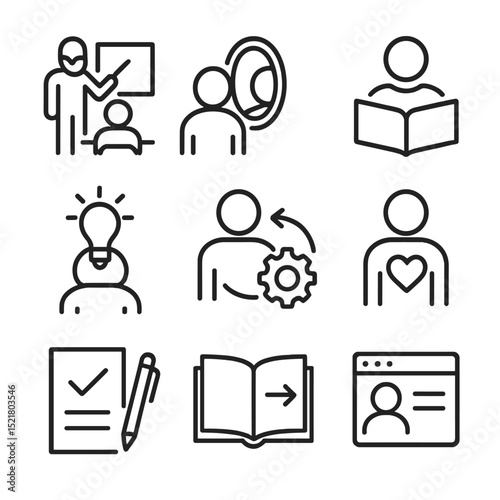 Adult Learning Icons. Outline icon set of adult learning theories: andragogy model, self-concept icon, prior experience, readiness