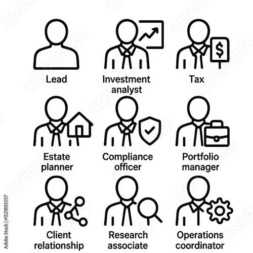 Advisory Team Icon Set. Outline icon set of advisory team roles: lead advisor silhouette, investment analyst, tax specialist,