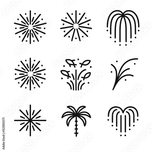 Aerial Firework Icons. Outline icon set of aerial firework types: peony shell, chrysanthemum burst, willow cascade, brocade crown,